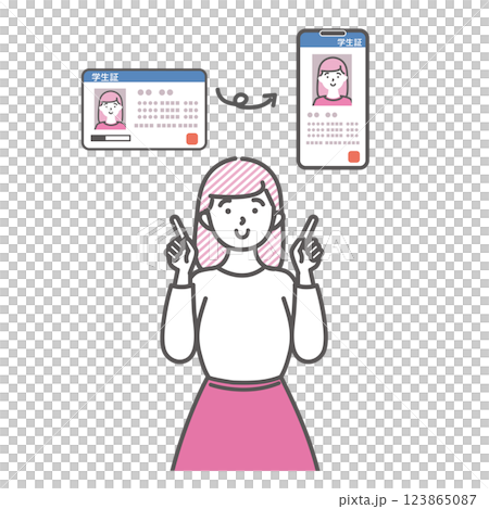 一名女大學生解釋學生證應用程式版本的範例 一名女大學生解釋學生證應用程式版本的範例 123865087