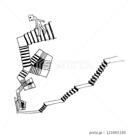 終わらない螺旋状の階段を降りていく人の線画イラスト 終わらない螺旋状の階段を降りていく人の線画イラスト 123865180