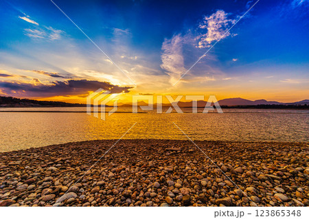 Liptov region Slovakia. Sunset over Liptov region in the backround with Liptovska mara lake and tatras mountains around. Liptovsky Mikulas city in Slovakia. Liptov region Slovakia. Sunset over Liptov region in the backround with Liptovska mara lake and tatras mountains around. Liptovsky Mikulas city in Slovakia. 123865348