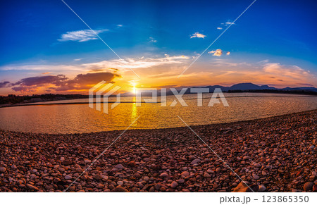 Liptov region Slovakia. Sunset over Liptov region in the backround with Liptovska mara lake and tatras mountains around. Liptovsky Mikulas city in Slovakia. 123865350