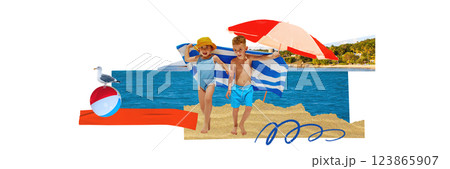 Modern design. Two kids running on golden sandy beach, joyful expressions, blue ocean and palm trees behind. Modern design. Two kids running on golden sandy beach, joyful expressions, blue ocean and palm trees behind. 123865907