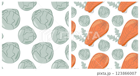 Brussels sprout Heads Salmon Steak Arugula leaves Seamless Pattern Healthy Eating Day Background Set Brussels sprout Heads Salmon Steak Arugula leaves Seamless Pattern Healthy Eating Day Background Set 123866007