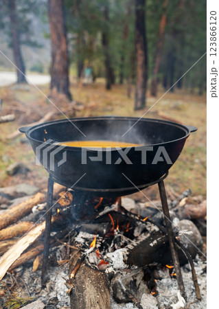 Engaging in Outdoor Cooking by Skillfully Using a Large Pot Over an Open Fire in Nature 123866120