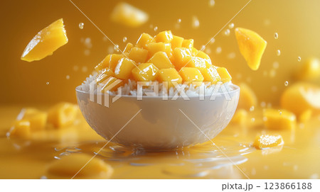 Fresh mango chunks on white rice with vibrant splashes of juice Fresh mango chunks on white rice with vibrant splashes of juice 123866188