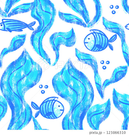 Seamless pattern with fish and seaweed in bright turquoise colors 123866310