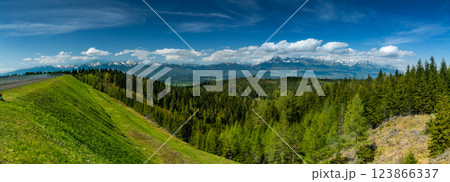 The most famous Slovak peak in the High Tatras - Krivan. A view of the Cierny Vah hydroelectric power plant. 123866337
