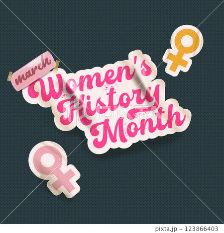 Women s History Month Pink Script Typography with Female Symbols, Celebrate March with Vintage Stickers and Empowering Design 123866403