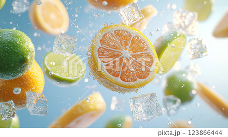 Fresh citrus fruits and ice cubes floating in water with refreshing splash 123866444