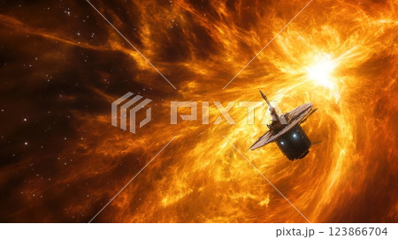 Cosmic firestorm twisting around a collapsing sun, extreme astrophysics. View from space Cosmic firestorm twisting around a collapsing sun, extreme astrophysics. View from space 123866704