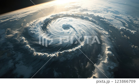 Gigantic tornado forming over the ocean, satellite view of swirling clouds. View from space 123866709