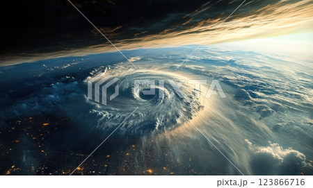 Outer space view of a massive supercell tornado forming over land, dramatic realism. View from space 123866716