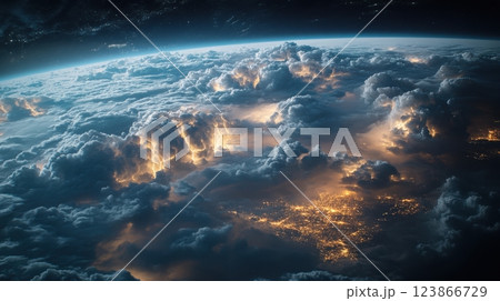Dramatic space view of thunderstorms with bright flashes and deep shadows. View from space Dramatic space view of thunderstorms with bright flashes and deep shadows. View from space 123866729