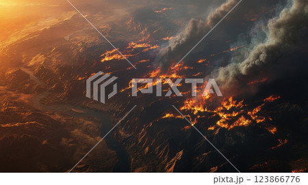 Dramatic space perspective of wildfires sweeping through rugged terrain. View from space 123866776