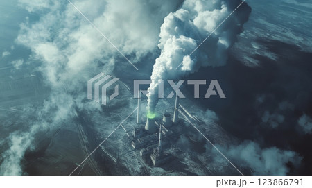 High-altitude view of a nuclear power plant catastrophe, thick smoke plumes. View from space 123866791