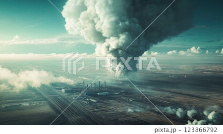 Astronaut's view of a nuclear disaster site, radioactive steam rising into space. View from space Astronaut's view of a nuclear disaster site, radioactive steam rising into space. View from space 123866792