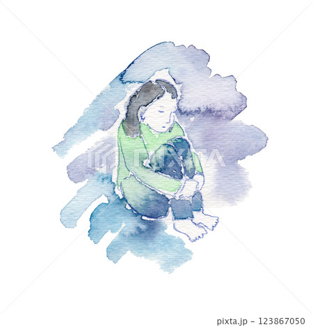 ひざを抱える子の水彩イラスト 123867050