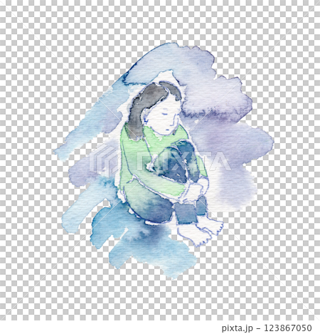 ひざを抱える子の水彩イラスト 123867050