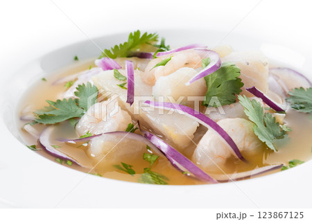 Traditional Peruvian ceviche sea bass fillet isolated on white background 123867125