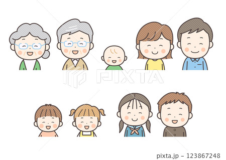 にっこり笑顔のさまざまな世代の上半身イラストセット にっこり笑顔のさまざまな世代の上半身イラストセット 123867248