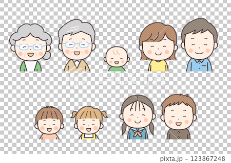 にっこり笑顔のさまざまな世代の上半身イラストセット にっこり笑顔のさまざまな世代の上半身イラストセット 123867248