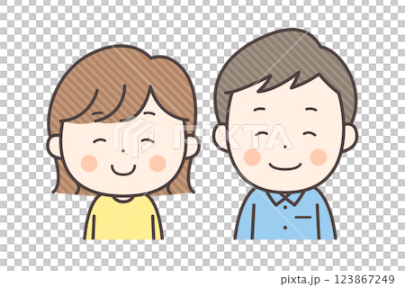にっこり笑顔の若い夫婦の上半身イラスト にっこり笑顔の若い夫婦の上半身イラスト 123867249