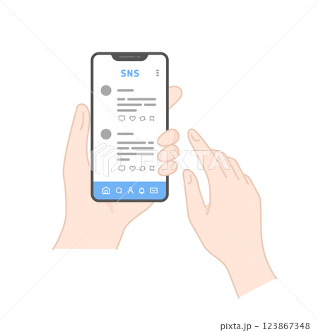 スマホに表示されたSNSのタイムラインをチェックするイラスト(線画・カラー) スマホに表示されたSNSのタイムラインをチェックするイラスト(線画・カラー) 123867348