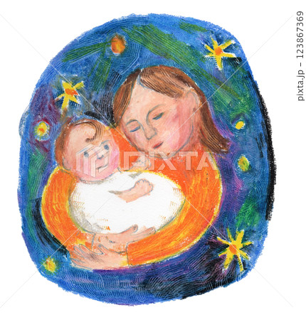 おかあさんとあかちゃんの手描きクレヨンイラスト 123867369
