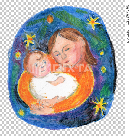 おかあさんとあかちゃんの手描きクレヨンイラスト 123867369