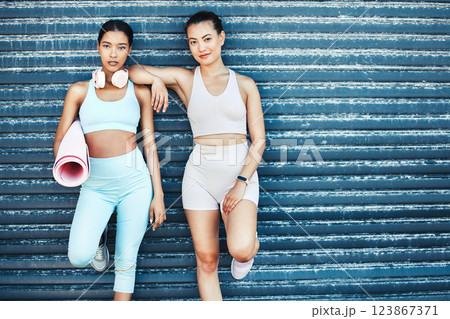 Training, yoga mat and portrait of friends in the city for an outdoor pilates workout together. Fitness, wellness and healthy women athletes in a urban town for outside meditation exercise for health 123867371