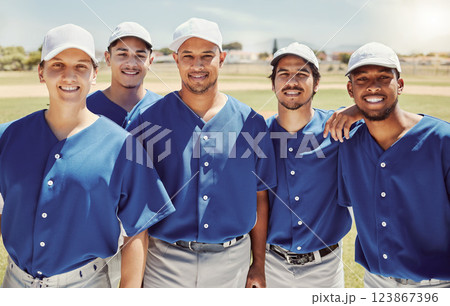 Baseball, team and portrait on baseball field with sports people standing in support of training, fitness and vision. Diversity, softball and softball player group relax before workout practice Baseball, team and portrait on baseball field with sports people standing in support of training, fitness and vision. Diversity, softball and softball player group relax before workout practice 123867396