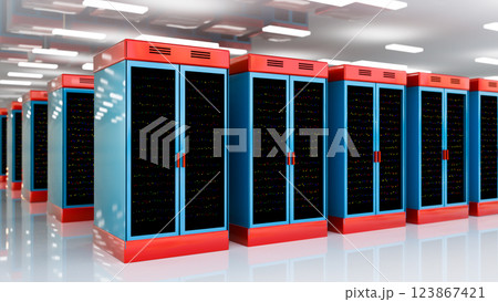 Servers. Servers room data center. Backup, mining, hosting, mainframe, farm and computer rack with storage information. 3d rendering Servers. Servers room data center. Backup, mining, hosting, mainframe, farm and computer rack with storage information. 3d rendering 123867421