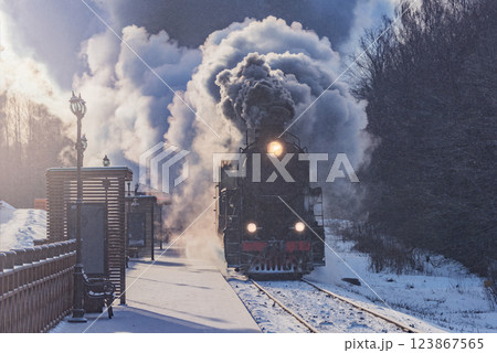Retro steam train arrives to the platform at winter morning. 123867565