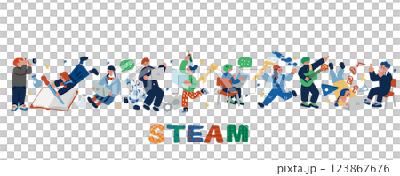 描繪 STEAM 教育特徵和學生未來教育的插圖 123867676