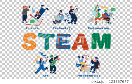 描繪 STEAM 教育特徵和學生未來教育的插圖 123867677