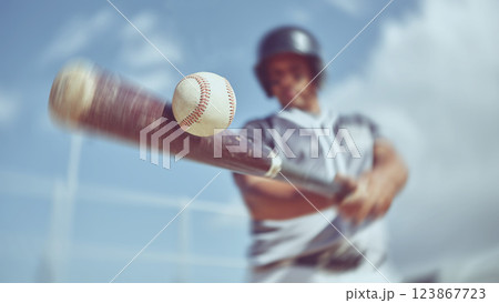 Baseball, baseball player and bat ball swing at a baseball field during training, fitness and game practice. Softball, swinging and power hit with athletic guy focus on speed, performance and pitch 123867723