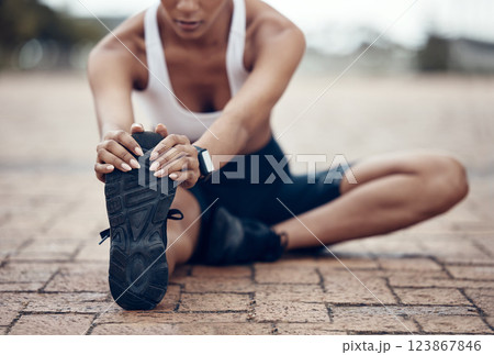 Woman, yoga and leg stretching in city outdoors for fitness exercise warm up, training or healthy lifestyle workout. Young female sports cardio routine, health and wellness program routine in town 123867846