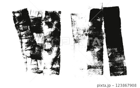 Ink roller brush streak texture. Grunge paint stripes print. Brayer black merged lines. Thick rectangle stamps set. Chalk wide underlines. Vector smear label banner background. Ruined brayer elements 123867908