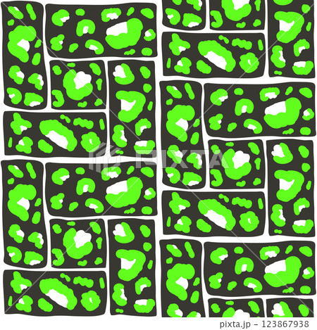 Vibrant Camouflage seamless pattern. Animal print black and electric green endless background. Cheetah or panther skin texture modular repeat bg. Bento grid highlight ornament. Vector illustration 123867938
