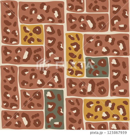 Leopard camouflage seamless pattern. Abstract animal print earth colors endless background. Cheetah or panther skin texture modular repeat bg. Vector brown bento grid ornament 123867939