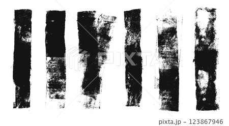 Paint brush strokes set. Linocut texture lines. Ink roller thick stripes background. Grunge letterpress rectangles. Dry black brayer stroke isolated on white background. Vector lino illustration 123867946