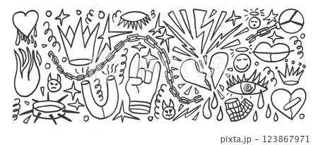 Rock charcoal drawn set. Punk coquette breaking heart doodle background. Scribble grunge poster star, eye elements. Heart, crown and chain sketch graffiti art Vector pencil isolated illustration 123867971