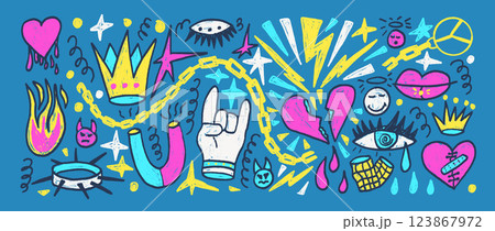 Rock crayon set. Punk breaking heart, demon and angel doodle background. Scribble grunge hand drawn poster elements. Devil horns and crown collage. Vector marker hand drawn wall art illustration 123867972