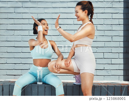 High five, celebrate and women, fitness and friends workout together, exercise and healthy, active lifestyle. Young athlete, success and teamwork, cardio and endurance training, happy and motivation. High five, celebrate and women, fitness and friends workout together, exercise and healthy, active lifestyle. Young athlete, success and teamwork, cardio and endurance training, happy and motivation. 123868001