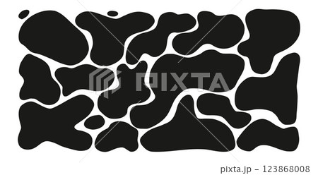 Liquid organic shapes silhouette set. Irregular splodge figures. Random abstract fluid figures. Uneven shape splashes. Wavy blob stains. Curvy flat drops. Vector hand drawn background illustration 123868008