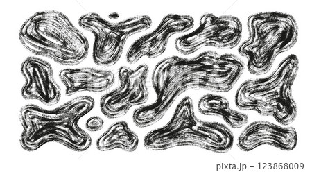 Organic rough shapes set. Irregular marker figures. Random abstract fluid paint. Uneven shape splashes. Wavy blob stains. Curvy liquid flat drops. Vector hand drawn charcoal background illustration 123868009