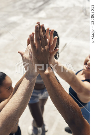 Hands, high five and collaboration with a friends group standing together in solidarity or unity from above. Team, support and motivation with people in a huddle or circle for partnership and trust Hands, high five and collaboration with a friends group standing together in solidarity or unity from above. Team, support and motivation with people in a huddle or circle for partnership and trust 123868015