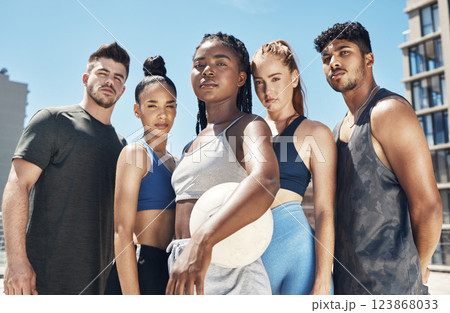 Friends, fitness or diversity portrait of sports, teamwork or portrait of team for exercise, training workout sport. Motivation, wellness group or health for soccer, football or volleyball in London 123868033
