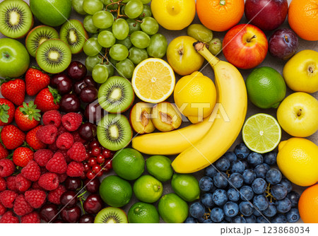 Multicolor fruit background, top view 123868034