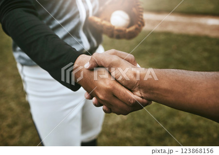 Baseball players handshake before game at baseball field for good luck, agreement and support. Sports, fitness and athletes shaking hands to show unity, well wishes and hope for success during match 123868156