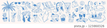 Tropical summer doodle set, vector exotic island party drink collection, paradise vacation icon kit. 123868326